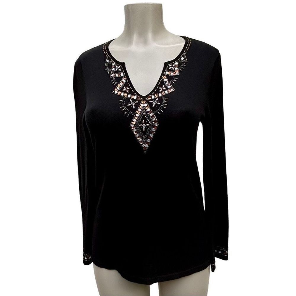 Sweater Works Blouse Women's Size M Black V-Neck Beaded Embroidery Top